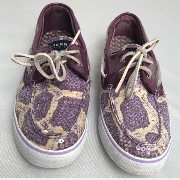 Sperry plum and cream snake print sequin boat shoes 10 - Picture 1 of 7